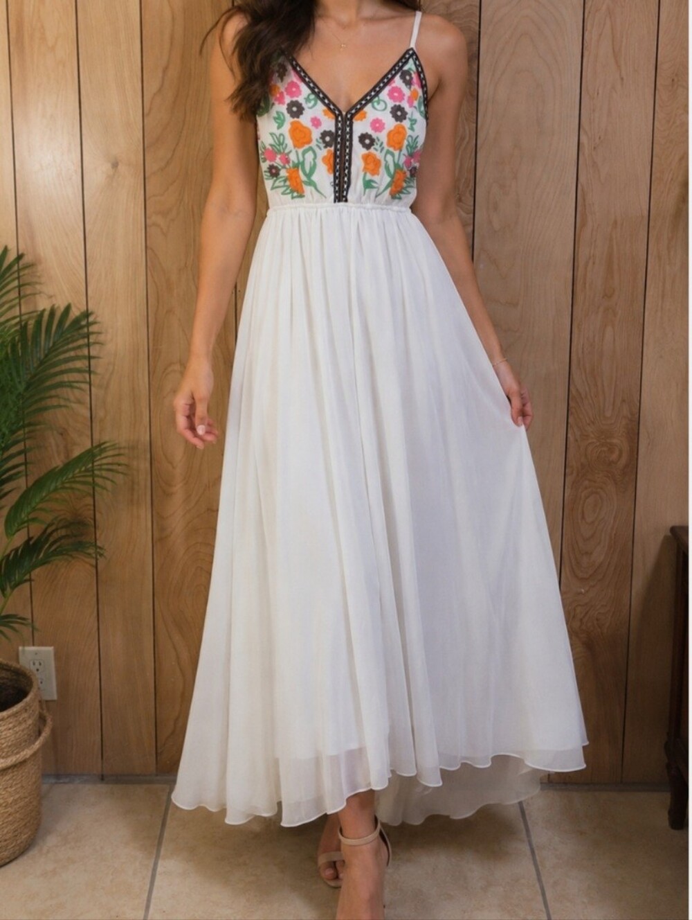 Floral Embroidered White Maxi Dress